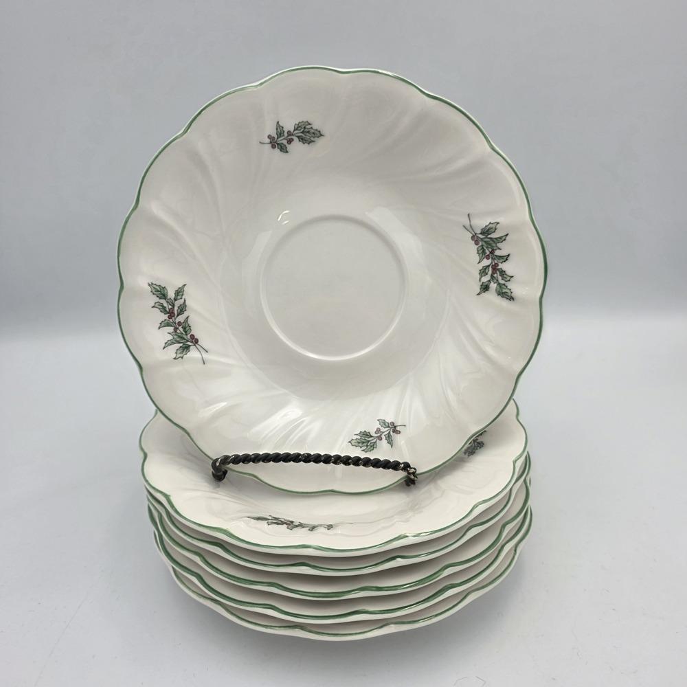 Nikko Happy Holidays Christmas Set of 6 Saucers Porcelain Holly Berry Japan Vtg